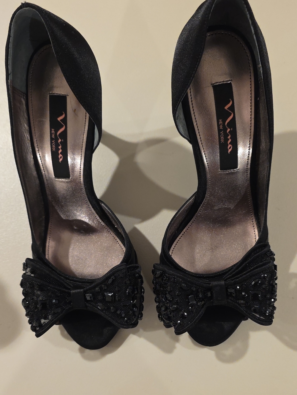 NINA New York Black Satin Peep-Toe Heels with Lace Beaded Bow.  3.5" Heels.